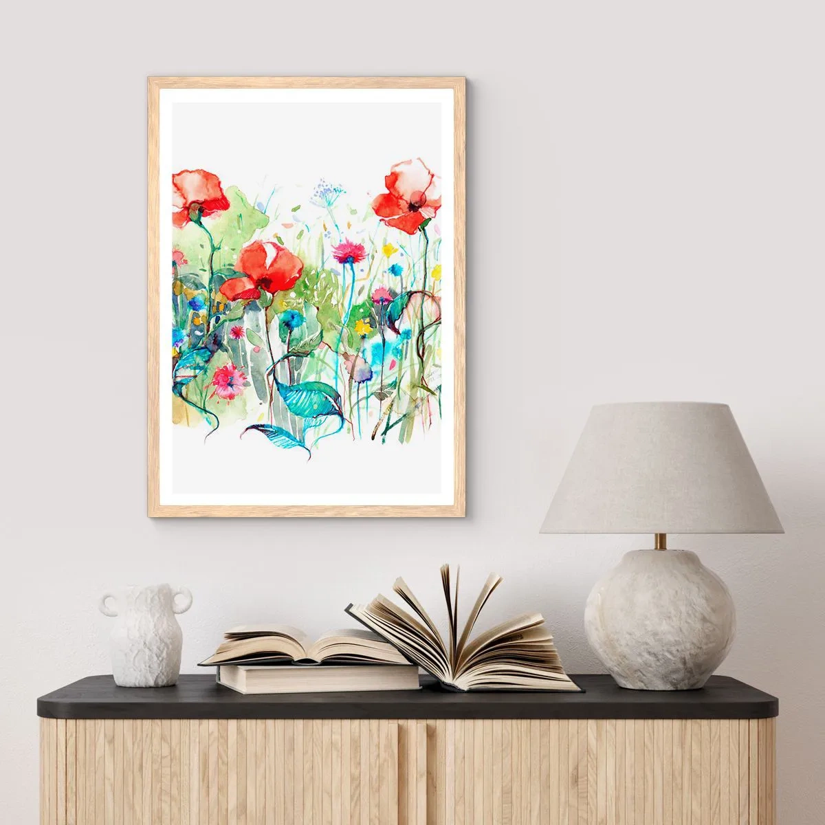 Poszter világos tölgy keretben - Virágzó májusi rét - 70x100 cm