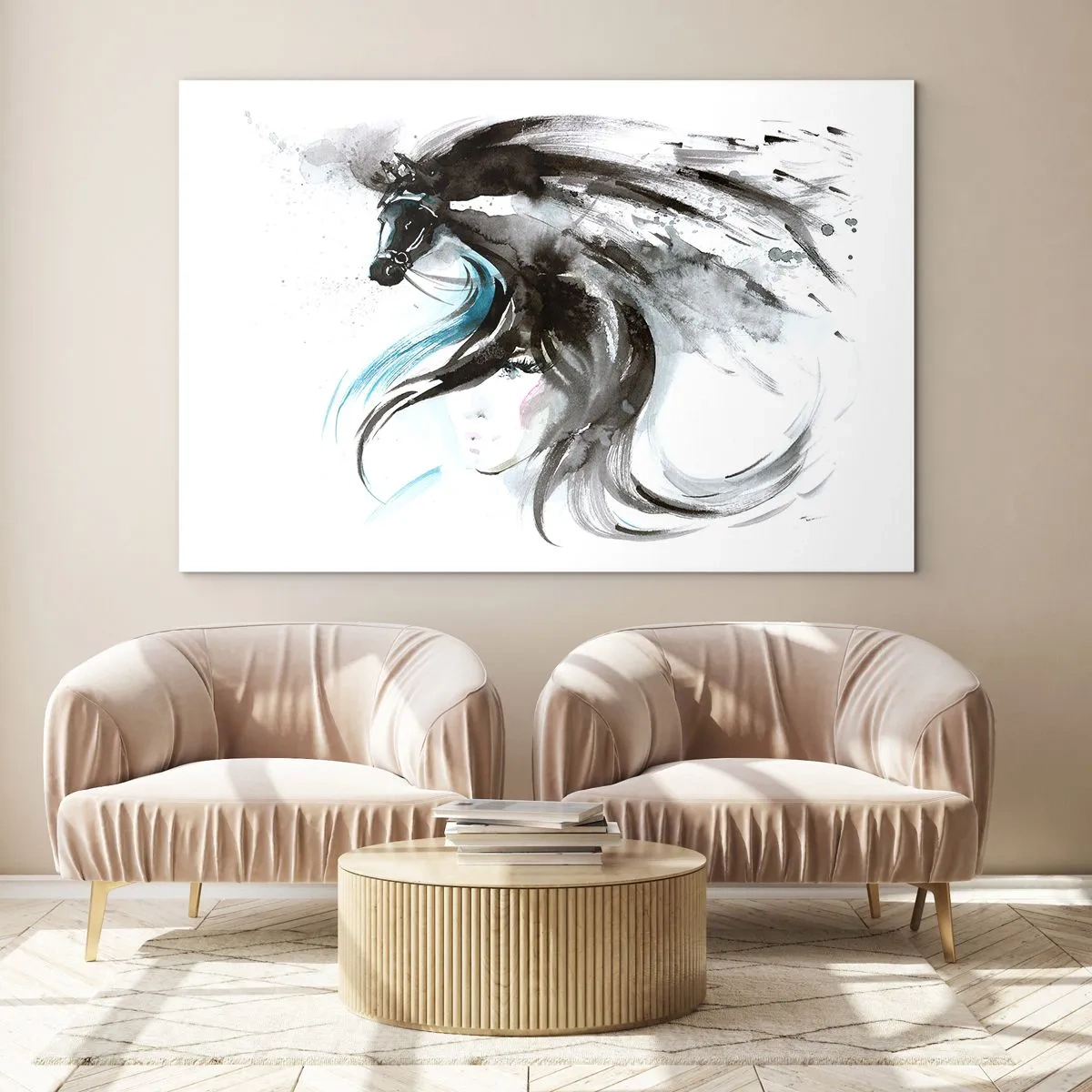 Üveg kép - Nő és ló portréja művészi, dinamikus kompozícióban - 70x50cm - Fekete Herceg Vágtája - Modern fali dekoráció nappalihoz és hálószobához ARTTOR