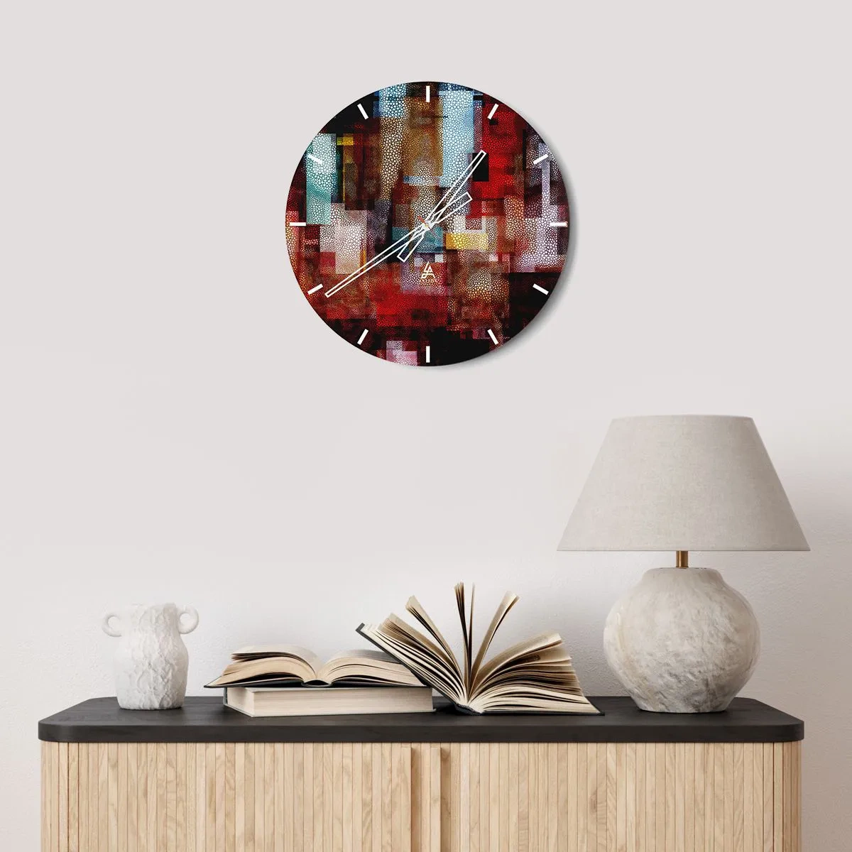 Falióra, Óra - Vörös és arany árnyalatú absztrakt kompozíciók geometrikus mintával - 30x30cm - Zavartság zavartsággal - Modern fali dekoráció nappalihoz, konyhához és hálószobához ARTTOR