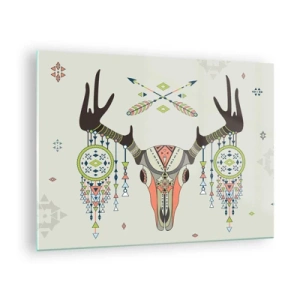 Üveg kép - Szimbolikus szarvak és indián minták világos háttéren - 70x50cm - Indiai vadász trófeája - Modern fali dekoráció nappalihoz és hálószobához ARTTOR