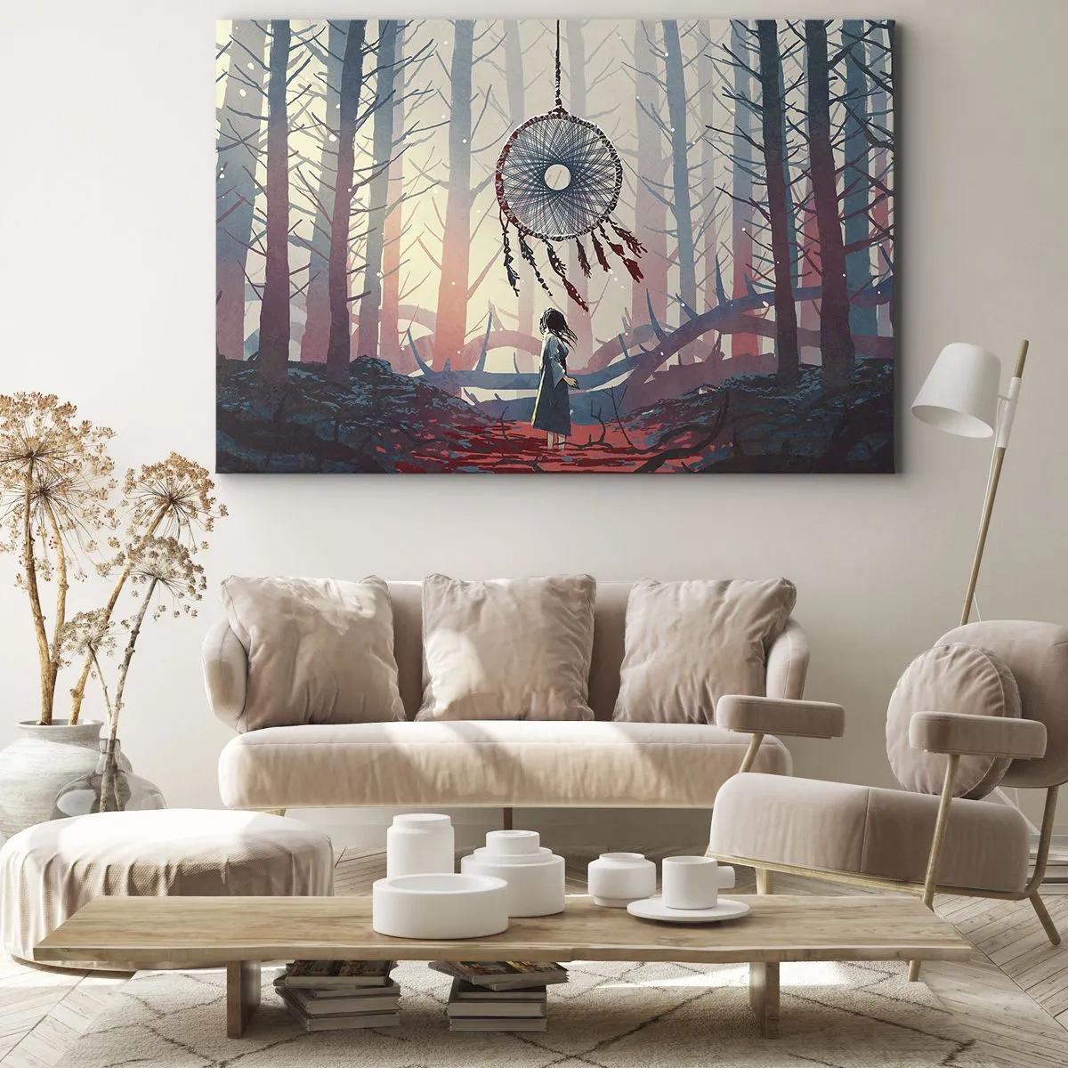 Vászonkép - Erdei jelenet egy óriási álomfogóval - 70x50cm - A boldogság titkos rituáléja - Modern fali dekoráció nappalihoz és hálószobához ARTTOR