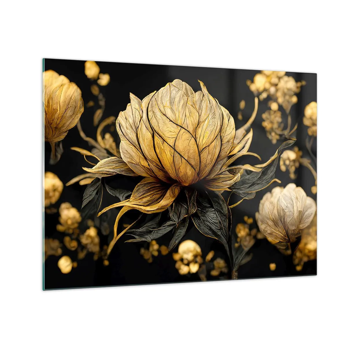 Üveg kép - Arany virágok fekete alapon, elegáns kompozícióban - 70x50cm - Finom törékenység - Modern fali dekoráció nappalihoz és hálószobához ARTTOR