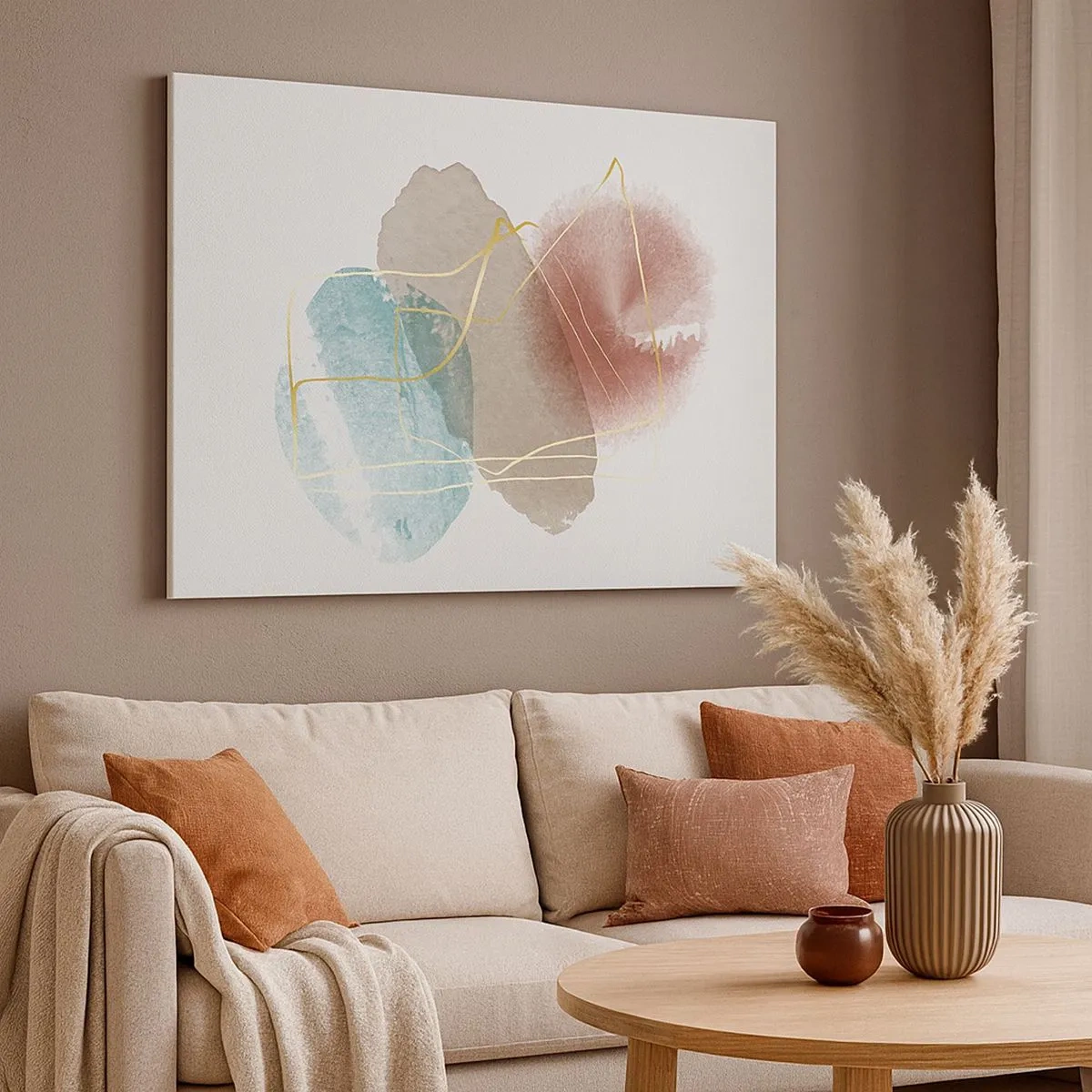 Vászonkép - Absztrakt formák finom színekkel és arany vonalakkal - 70x50cm - Az űr koralljai - Modern fali dekoráció nappalihoz és hálószobához ARTTOR