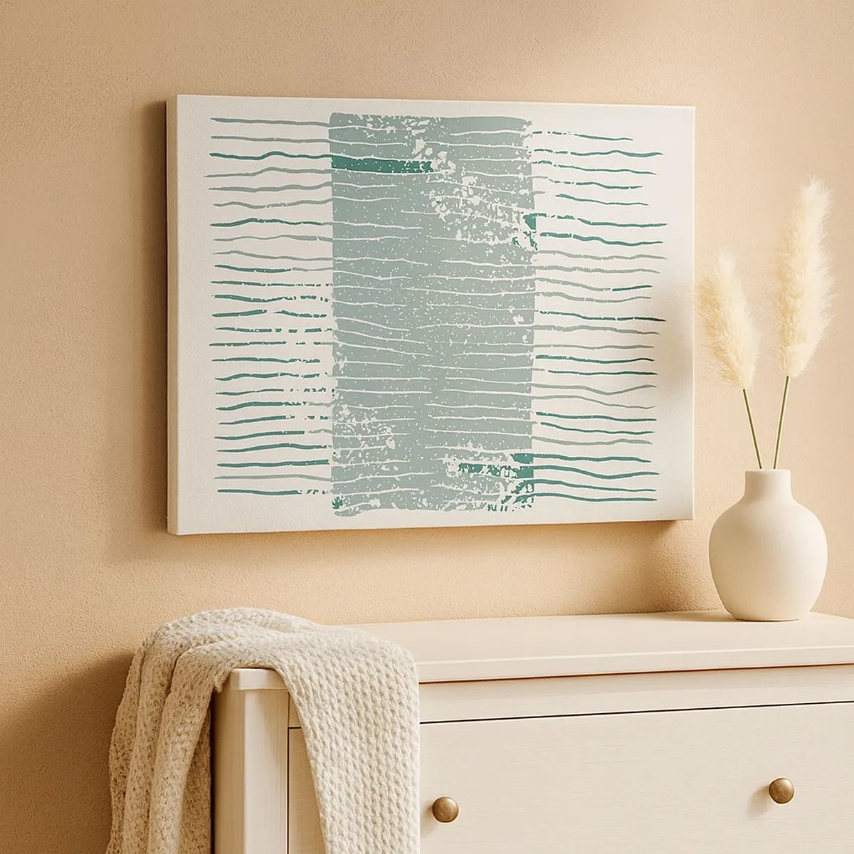 Vászonkép - Geometrikus minta tengerzöld és fehér árnyalatokban - 70x50cm - Tengeri absztrakció - Modern fali dekoráció nappalihoz és hálószobához ARTTOR