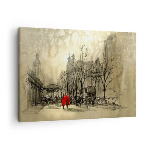 Vászonkép - Egy vörös alak nosztalgikus városi környezetben - 70x50cm - Egy randevú a londoni ködben - Modern fali dekoráció nappalihoz és hálószobához ARTTOR