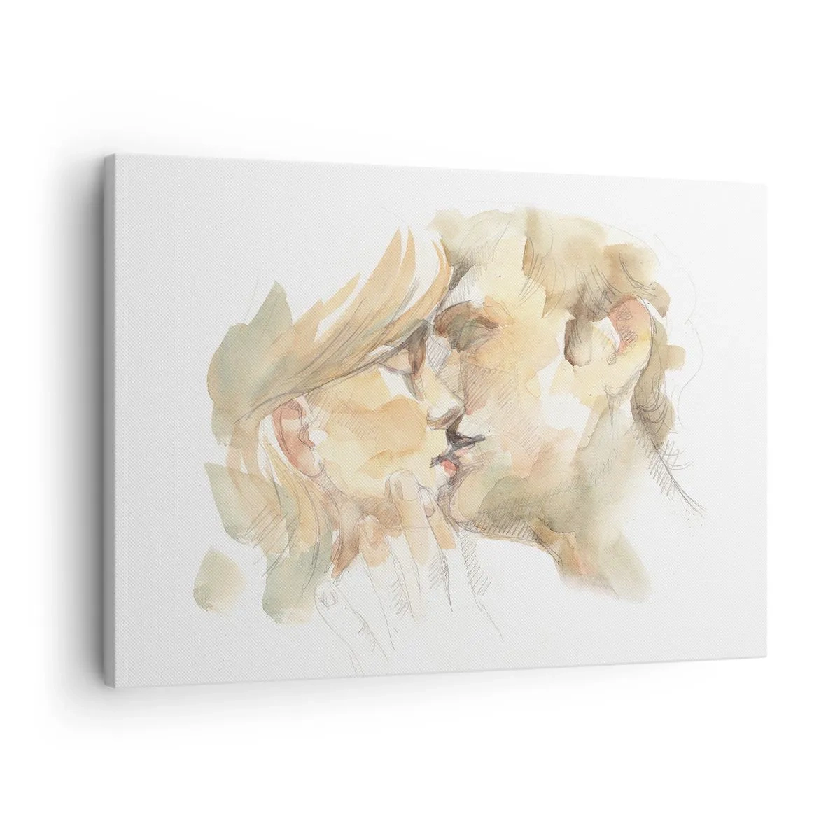 Vászonkép - Romantikus akvarell portré egy csókolózó párról - 70x50cm - Meglelt másik fél? - Modern fali dekoráció nappalihoz és hálószobához ARTTOR