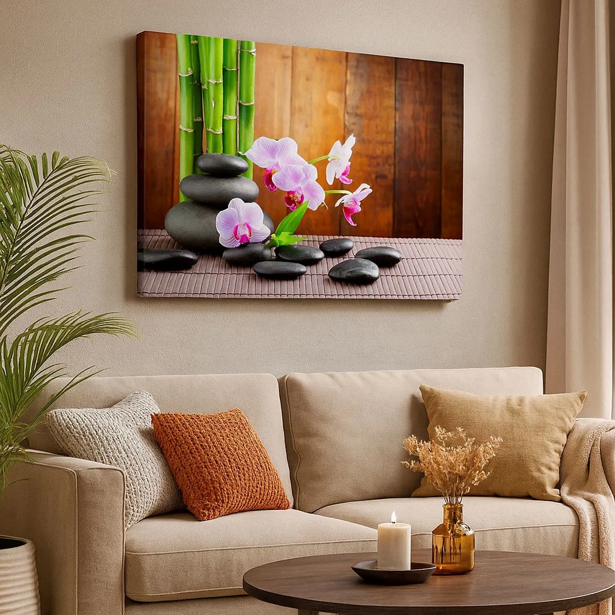 Vászonkép - Zen stílusú bambusz, kövek és rózsaszín orchideák fa alapon - 70x50cm - Ismerd meg a kelet örömeit - Modern fali dekoráció nappalihoz és hálószobához ARTTOR