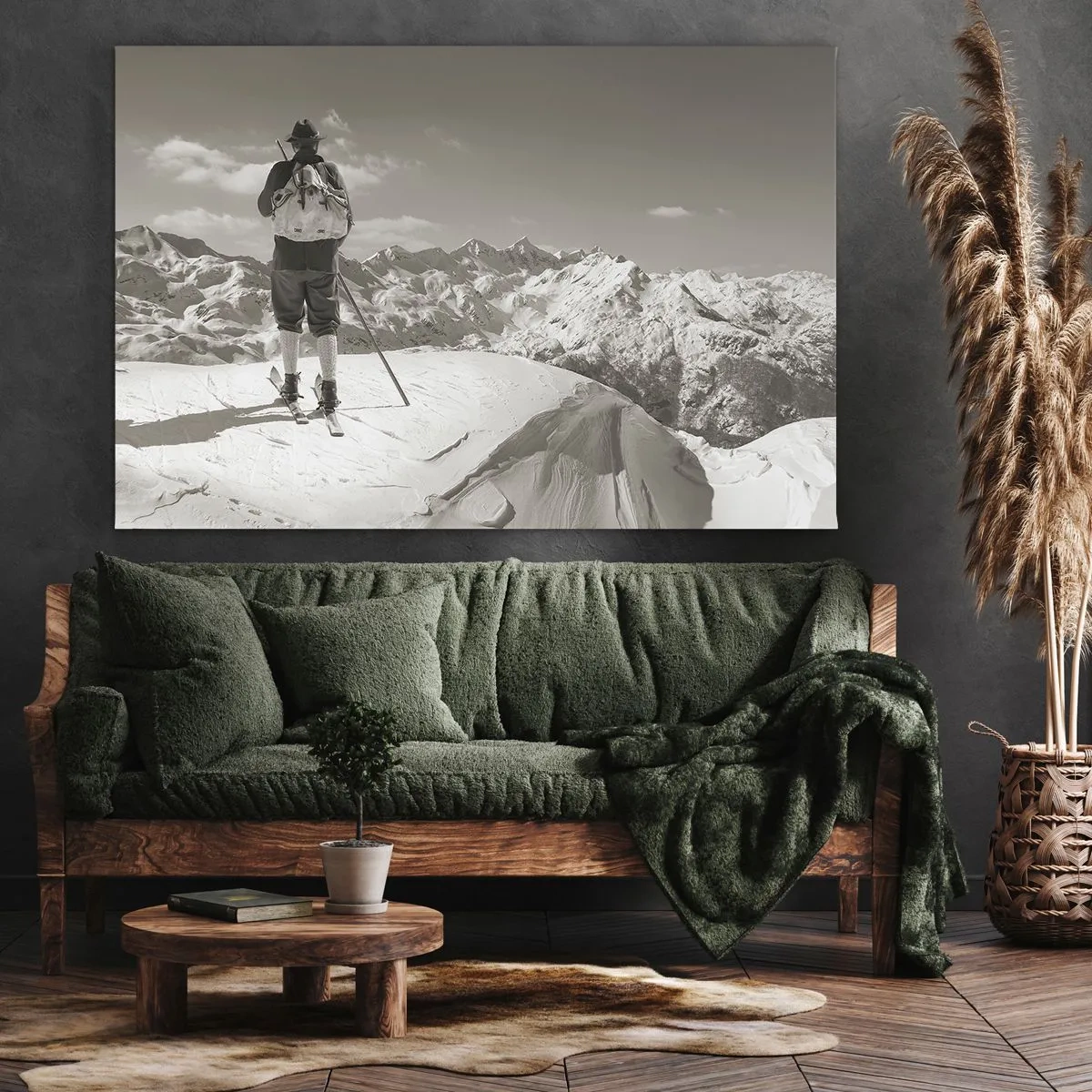 Vászonkép - Síelő egy hegy tetején, fekete-fehérben - 70x50cm - És a hegyek ugyanazok - Modern fali dekoráció nappalihoz és hálószobához ARTTOR