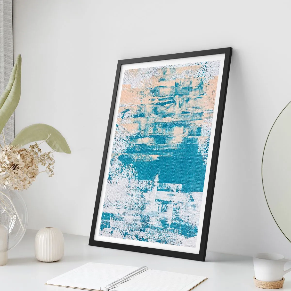 Poszter fehér keretben - Absztrakt textúra kék és bézs árnyalatokban - 50x70cm - Jégcsapon keresztül - Modern fali dekoráció nappalihoz és hálószobához ARTTOR