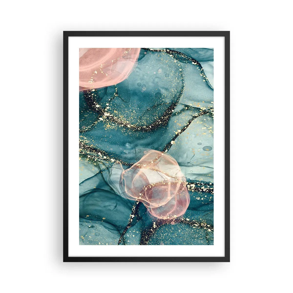 Poszter fehér keretben - Egy absztrakt kompozíció türkiz és arany árnyalatokban. - 50x70cm - Selyemkék, tüll rózsaszín - Modern fali dekoráció nappalihoz és hálószobához ARTTOR