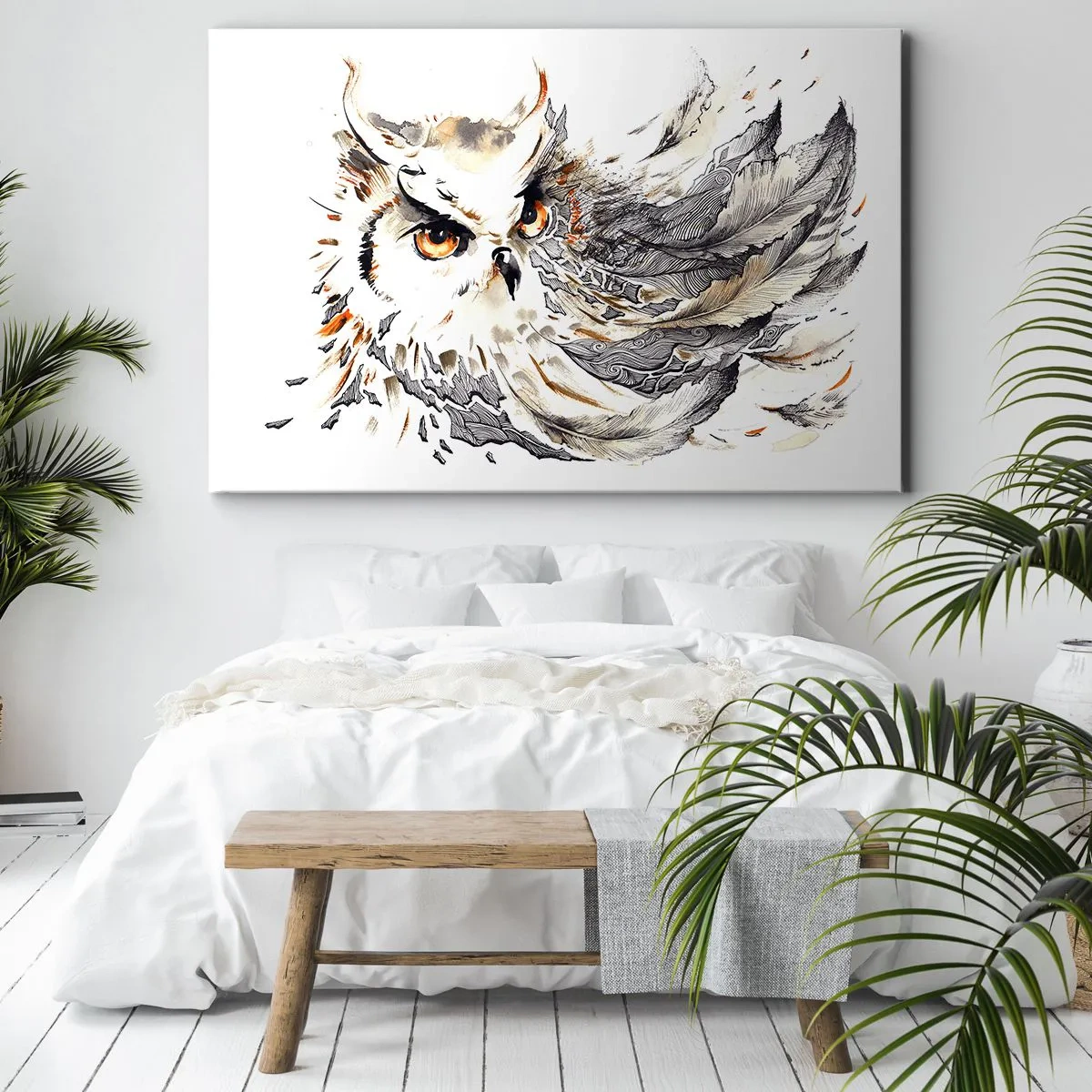 Vászonkép - Egy bagoly misztikus tollakkal művészi akvarell formában - 70x50cm - A mágia világából jött - Modern fali dekoráció nappalihoz és hálószobához ARTTOR