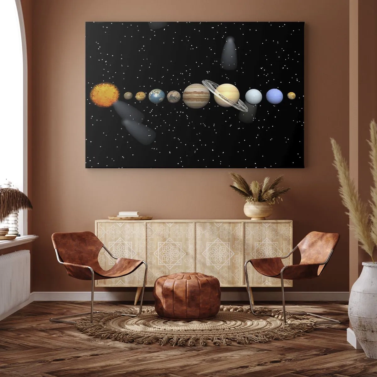 Vászonkép - A Naprendszer bolygókkal az űrben lévő csillagok hátterében - 70x50cm - És a bolygók őrülnek, őrülnek... - Modern fali dekoráció nappalihoz és hálószobához ARTTOR