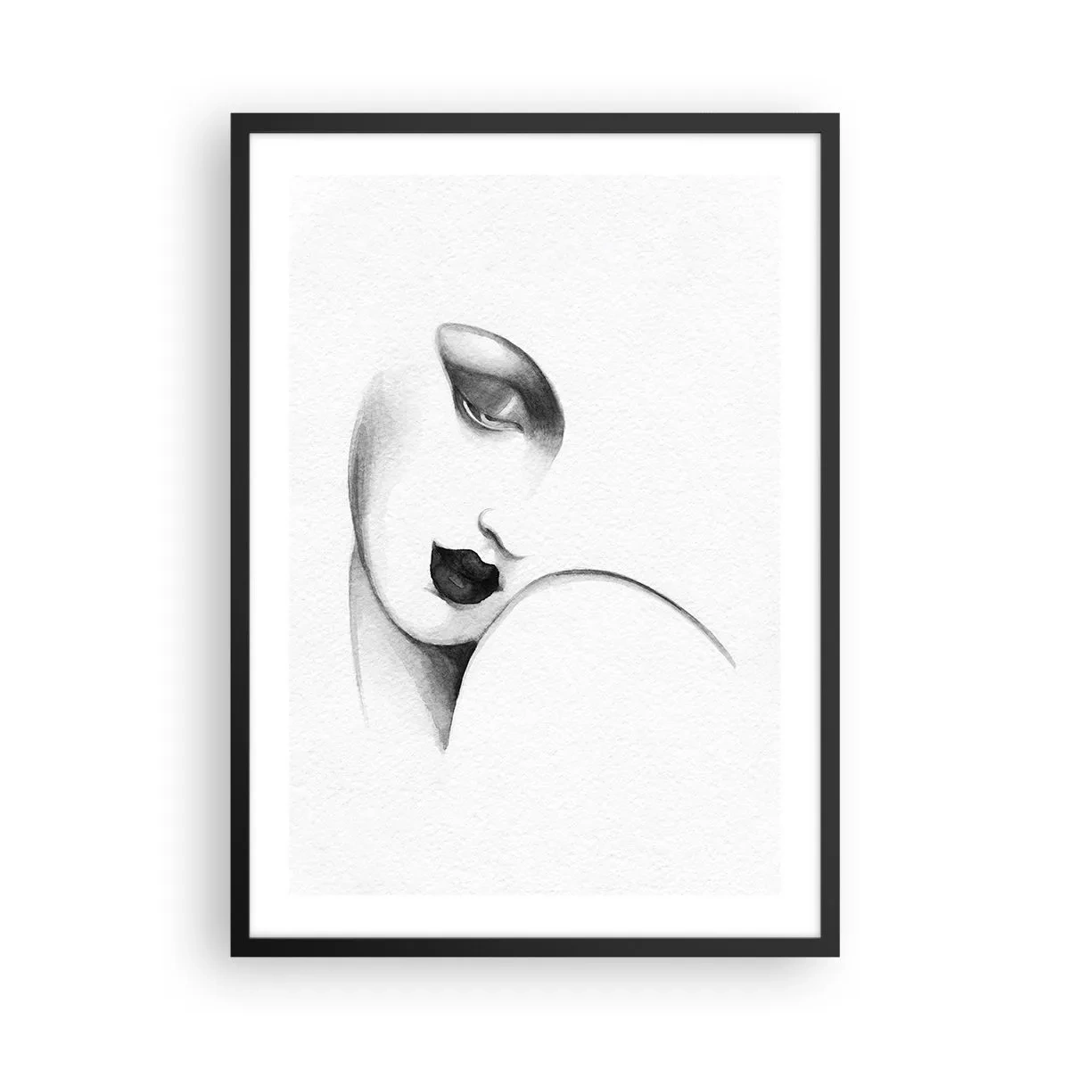 Poszter fehér keretben - Egy nő visszafogott portréja fekete-fehér stílusban - 50x70cm - Łempicka stílusában - Modern fali dekoráció nappalihoz és hálószobához ARTTOR