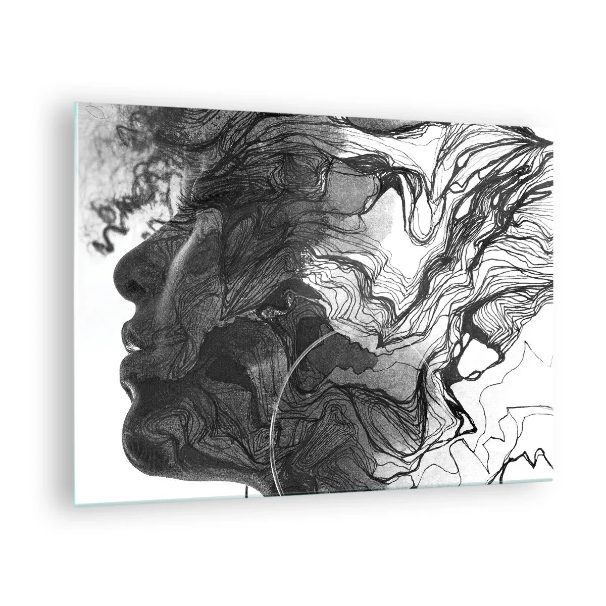Üveg kép - Fekete-fehér sziluettje egy nőnek absztrakt vonalakkal - 70x50cm - Álmokba gabalyodva - Modern fali dekoráció nappalihoz és hálószobához ARTTOR