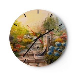 Falióra, Óra - Egy szökőkúttal ellátott kert, melyet színes virágok és fák vesznek körül - 30x30cm - Teljes virágzásban - Modern fali dekoráció nappalihoz, konyhához és hálószobához ARTTOR