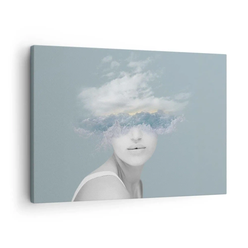 Vászonkép - Portré egy nőről, akinek az arca felhők és hullámok mögött rejtőzik - 70x50cm - Fejjel a fellegekben - Modern fali dekoráció nappalihoz és hálószobához ARTTOR