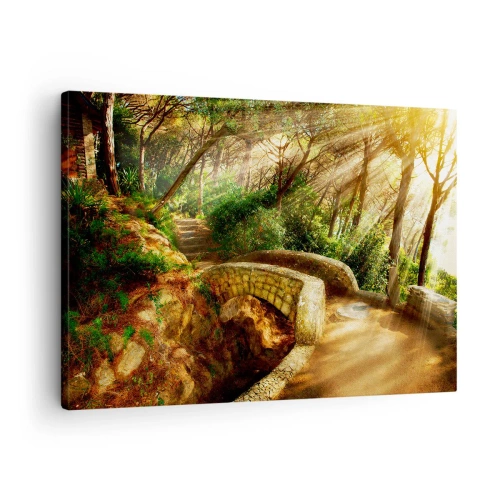 Vászonkép - Erdő táj napsugarakkal és egy kőhíddal - 70x50cm - Egyenesen a hídról egy mesebeli erdőbe - Modern fali dekoráció nappalihoz és hálószobához ARTTOR
