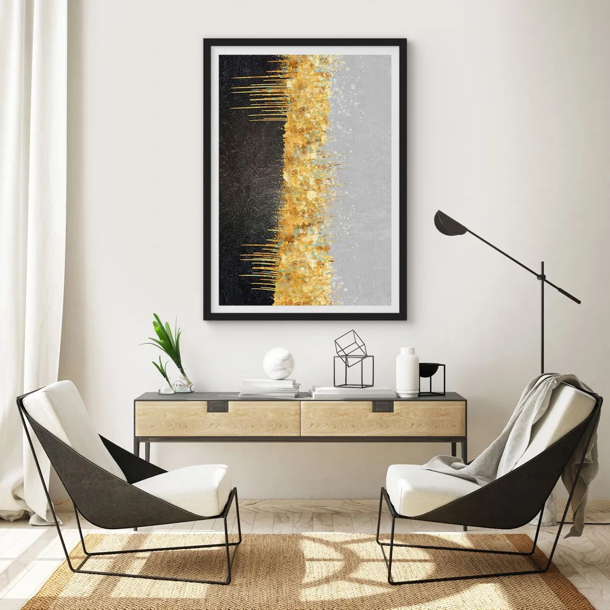 Poszter fehér keretben - Arany, fekete és ezüst absztrakt kompozíciója - 50x70cm - Befelé és felfelé - Modern fali dekoráció nappalihoz és hálószobához ARTTOR