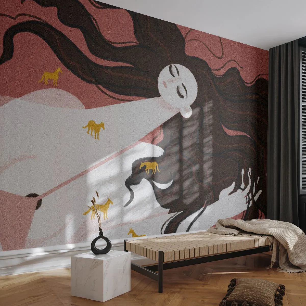 Fotótapéta Premium Sand - Álom egy arany lóról - Nő, portré, Minimalizmus - 200x140 cm