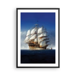Poszter fehér keretben - Egy vitorlás hajó a nyílt tengeren teljes vitorlával a napfényben - 50x70cm - The great glory! - Modern fali dekoráció nappalihoz és hálószobához ARTTOR