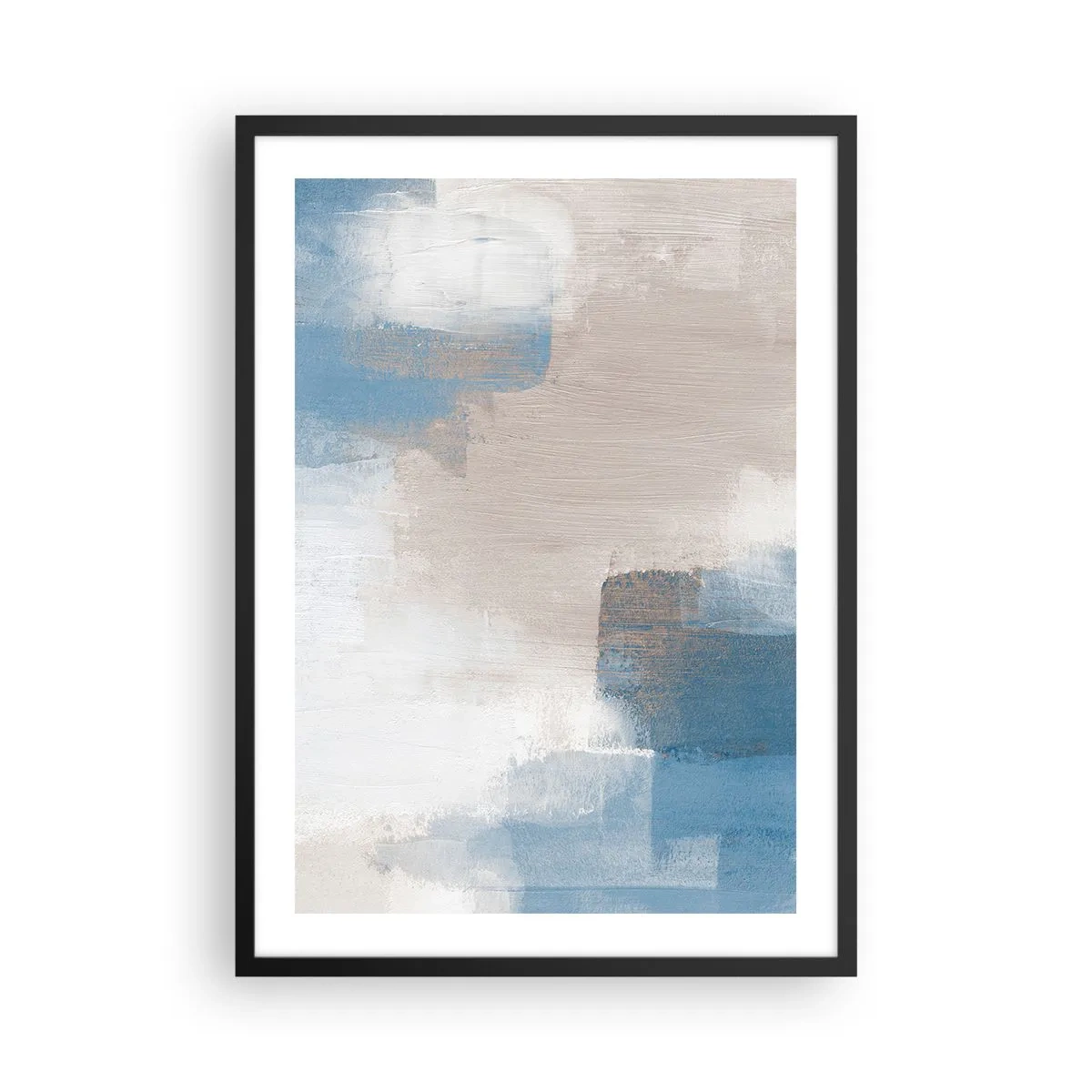 Poszter fehér keretben - Absztrakt kompozíció kék és bézs árnyalatokban - 50x70cm - Rózsaszín absztrakció egy kék fátyol mögött - Modern fali dekoráció nappalihoz és hálószobához ARTTOR