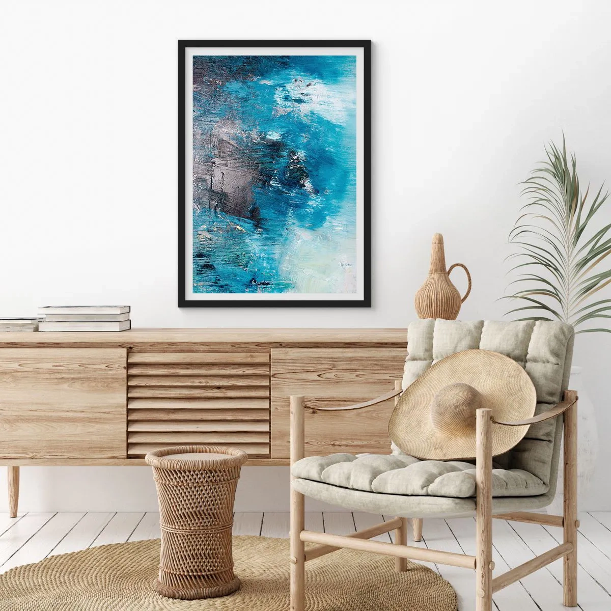 Poszter fehér keretben - Absztrakt kompozíció kék árnyalatokban - 50x70cm - Kék rapszódia - Modern fali dekoráció nappalihoz és hálószobához ARTTOR