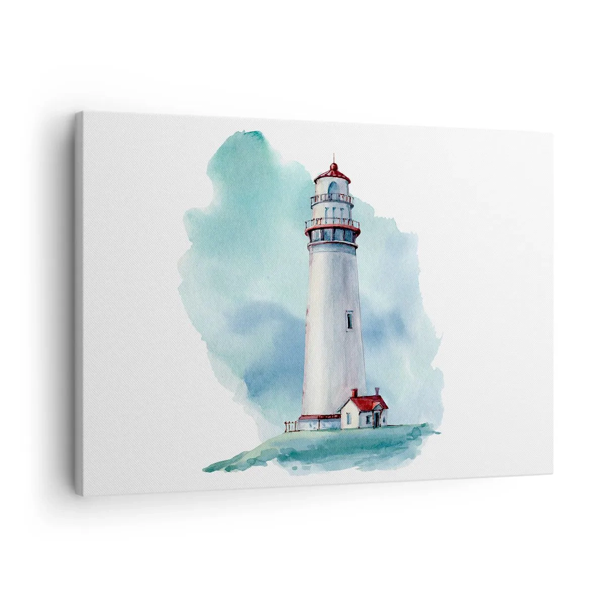 Vászonkép - Egy világítótorony akvarell kék háttér előtt - 70x50cm - A kék szelíd húga - Modern fali dekoráció nappalihoz és hálószobához ARTTOR
