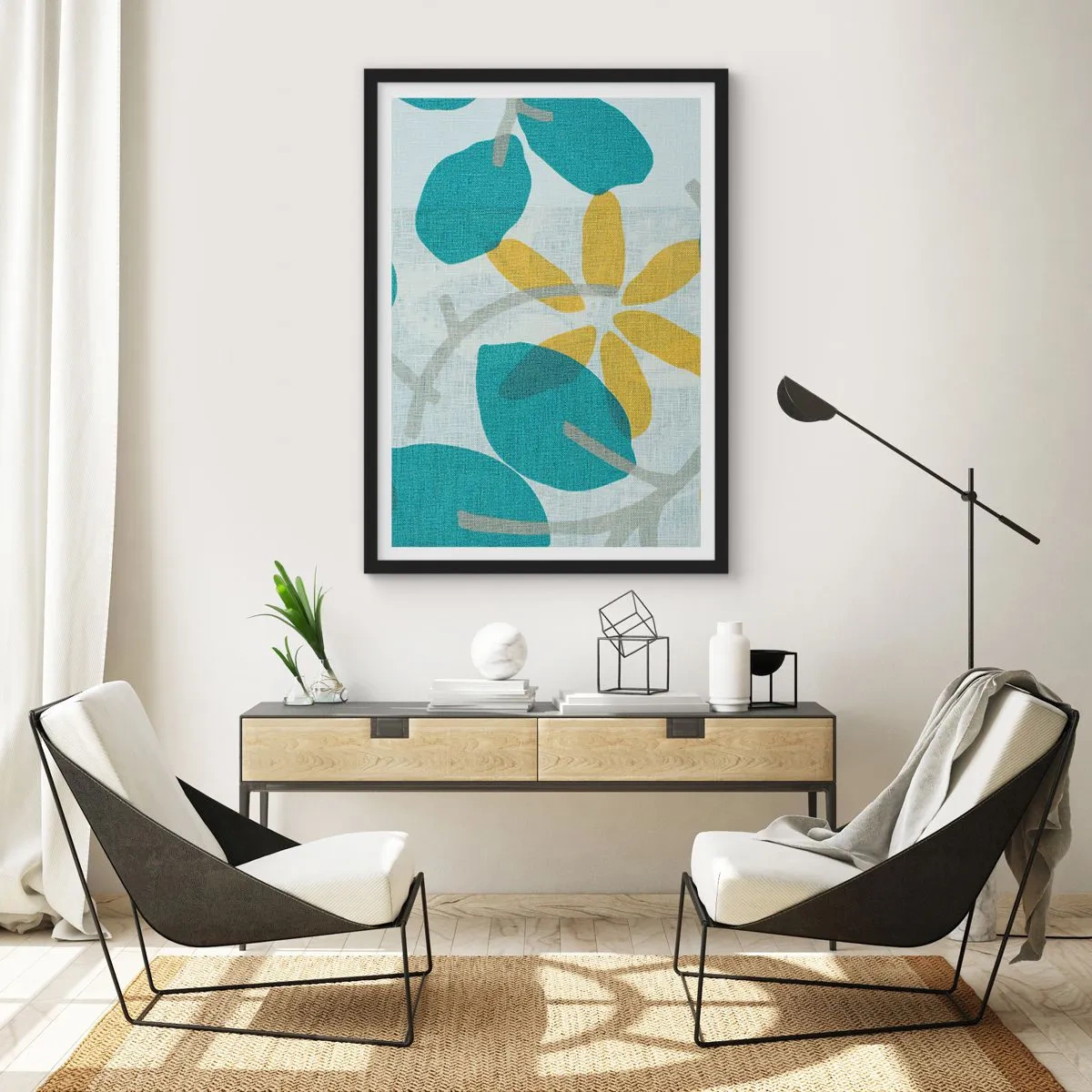 Poszter fehér keretben - Modern botanikai grafika kék és sárga árnyalatokban - 50x70cm - Azúrkék levelek között - Modern fali dekoráció nappalihoz és hálószobához ARTTOR