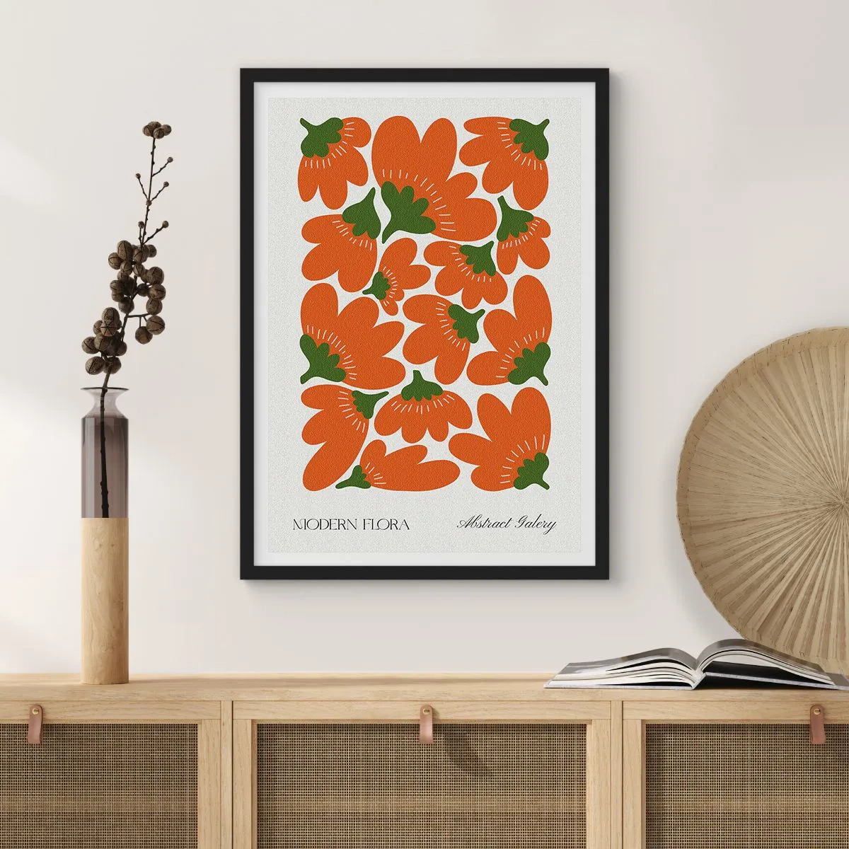 Poszter fehér keretben - Absztrakt narancssárga virágok világos háttéren - 50x70cm - A virágok életéről - Modern fali dekoráció nappalihoz és hálószobához ARTTOR
