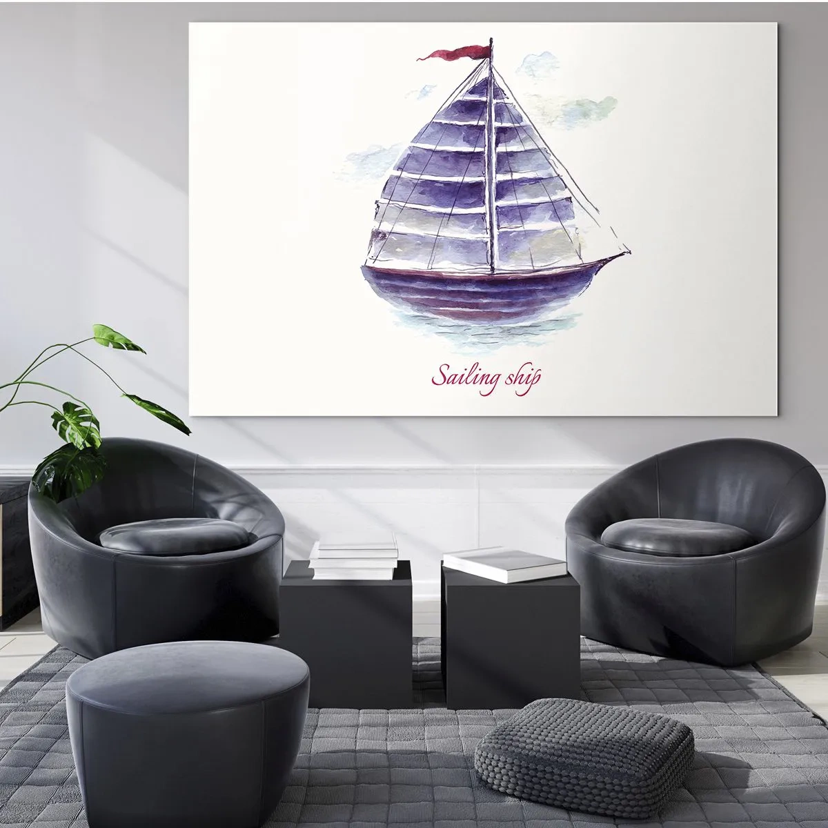Üveg kép - Akvarell vitorlás hajó vitorláshajó felirattal - 70x50cm - Teli vitorlákat és nyugodt vizet - Modern fali dekoráció nappalihoz és hálószobához ARTTOR