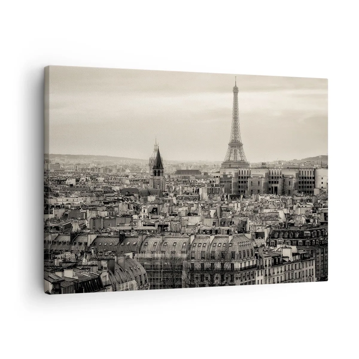 Vászonkép - Párizs panorámája az Eiffel-toronnyal szépia árnyalatokban - 70x50cm - Párizs háztetői fölött - Modern fali dekoráció nappalihoz és hálószobához ARTTOR