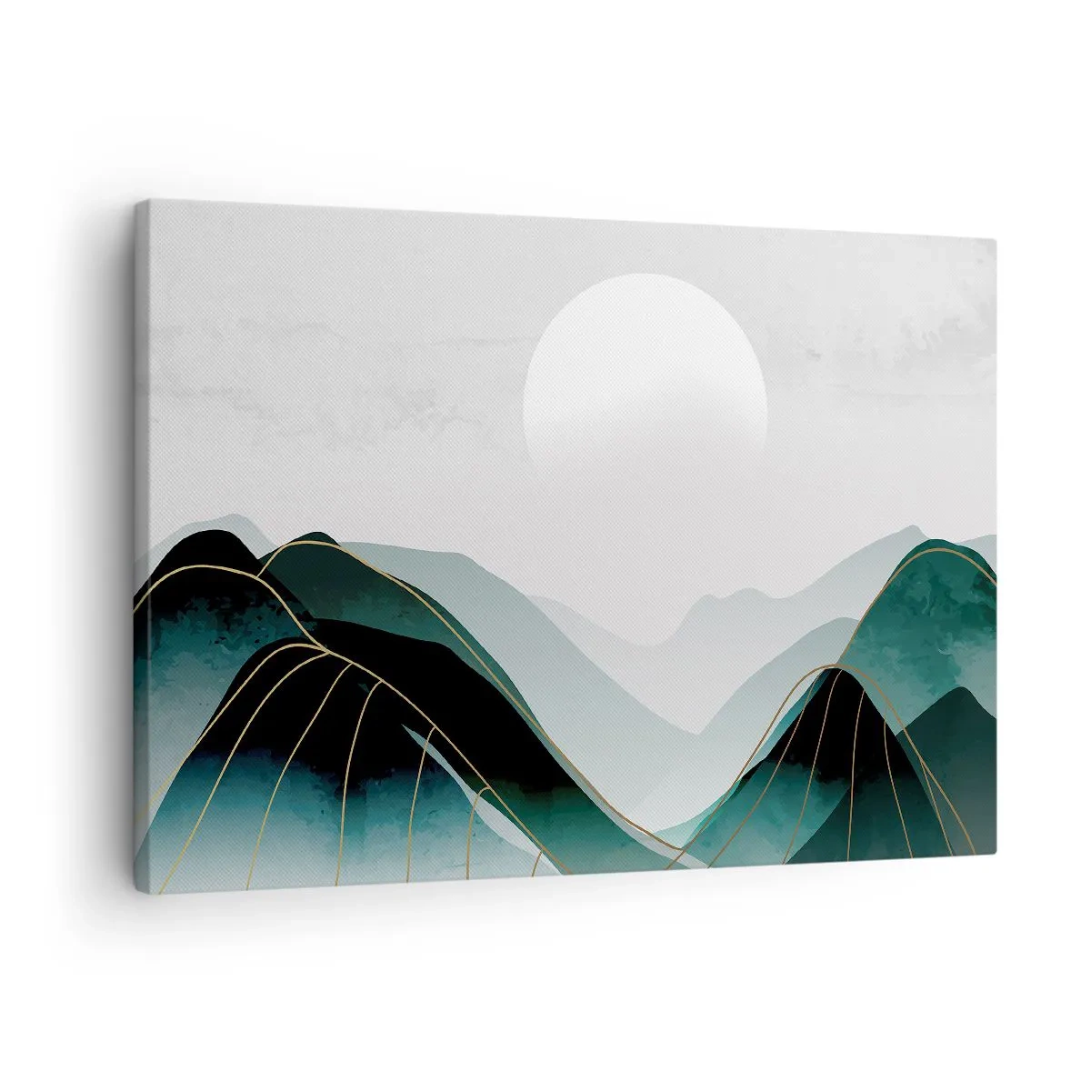 Vászonkép - Absztrakt hegyi táj a Holddal és arany vonalakkal - 70x50cm - Teljes fenségben - Modern fali dekoráció nappalihoz és hálószobához ARTTOR