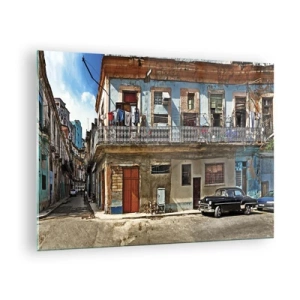 Üveg kép - Retro utca klasszikus épületekkel és egy autóval - 70x50cm - Havannai hangulat - Modern fali dekoráció nappalihoz és hálószobához ARTTOR