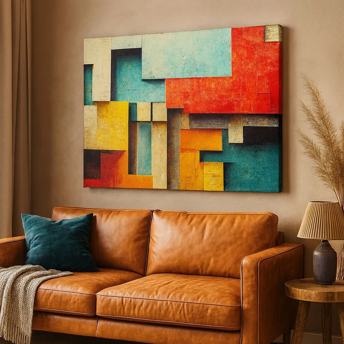 Vászonkép - Absztrakt geometriai formák élénk színekben - 70x50cm - A derékszögek fesztiválja - Modern fali dekoráció nappalihoz és hálószobához ARTTOR