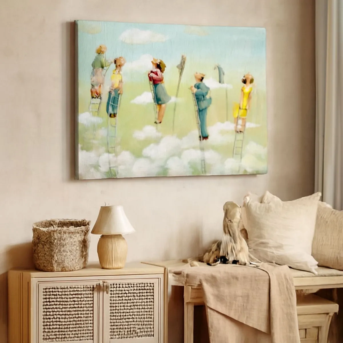 Vászonkép - Létrán mászó alakok felhők között pasztell háttér előtt. - 70x50cm - Az álmod mögött - Modern fali dekoráció nappalihoz és hálószobához ARTTOR