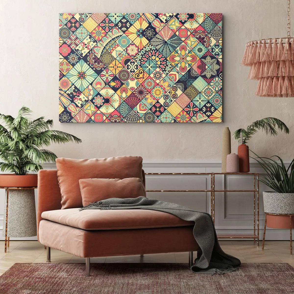Vászonkép - Marokkói stílus ihlette színes geometrikus minták - 70x50cm - Marokkói hangulat - Modern fali dekoráció nappalihoz és hálószobához ARTTOR