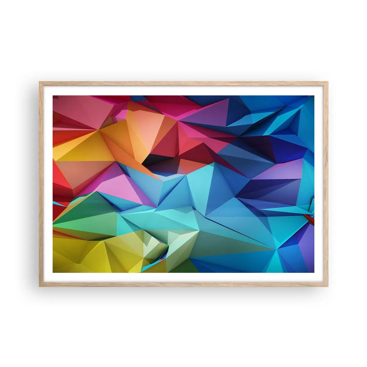 Poszter világos tölgy keretben - Szivárvány origami - 100x70 cm