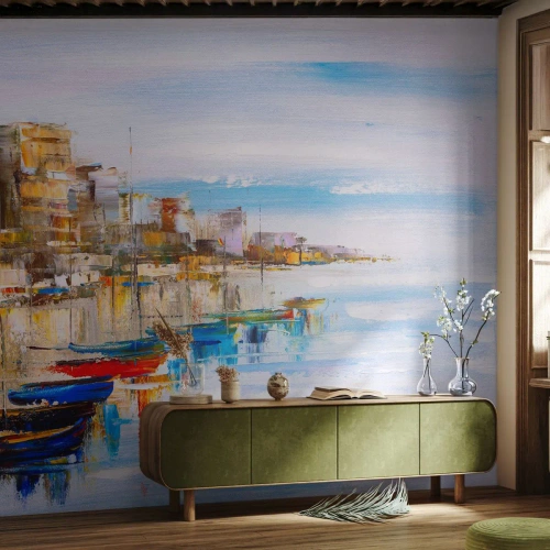 Fotótapéta Premium Sand - Sokszínű városi kikötő - Tájkép, Kikötő, Tengerpart - 250x175 cm