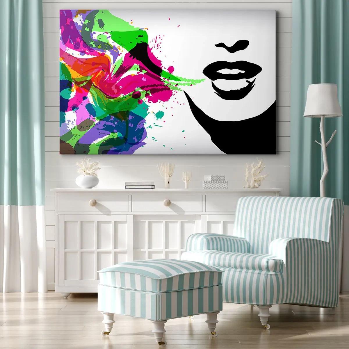 Vászonkép - Színes absztrakt portré dinamikus formákkal - 70x50cm - Egy történet a szivárvány színeiben - Modern fali dekoráció nappalihoz és hálószobához ARTTOR