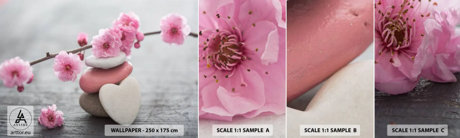 Fotótapéta Minta Öntapadós Deluxe Sticker - Boldogság a cseresznyevirággal - Szív, Virág, Kövek - 100x30 cm