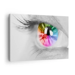 Vászonkép - Művészi felvétel egy szemről szivárványos íriszrel szürke háttér előtt - 70x50cm - Nézz színesen a világra - Modern fali dekoráció nappalihoz és hálószobához ARTTOR