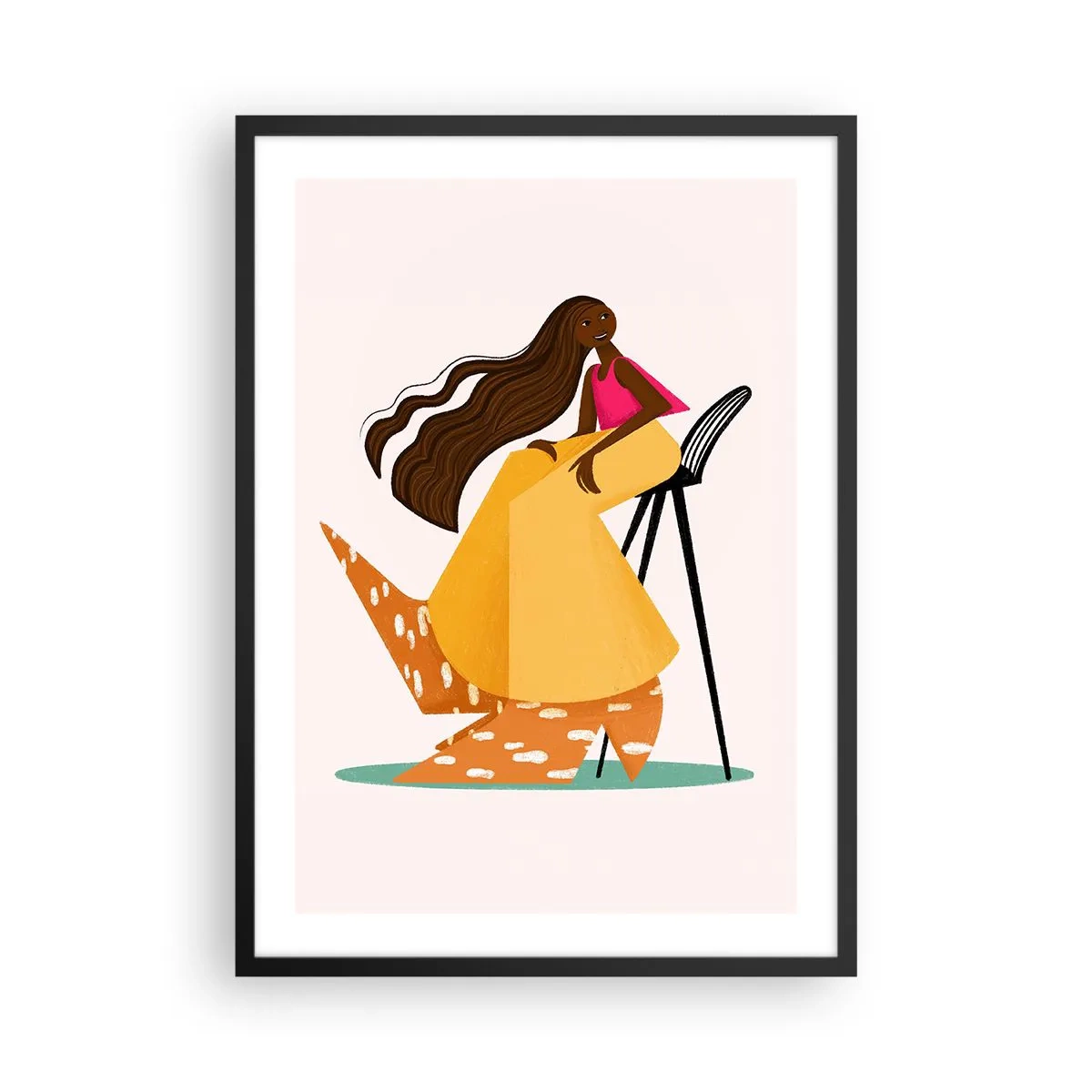 Poszter fehér keretben - Stilizált női alak meleg színekkel absztrakt háttér előtt. - 50x70cm - A divat is szórakoztató - Modern fali dekoráció nappalihoz és hálószobához ARTTOR