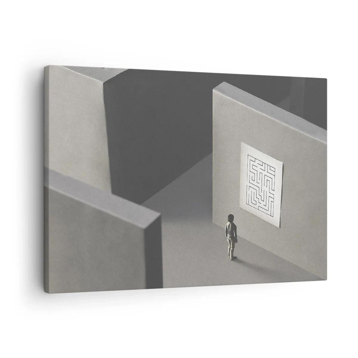 Vászonkép - Egy labirintusban lévő alak egy függő térképet néz - 70x50cm - De én hol vagyok? - Modern fali dekoráció nappalihoz és hálószobához ARTTOR