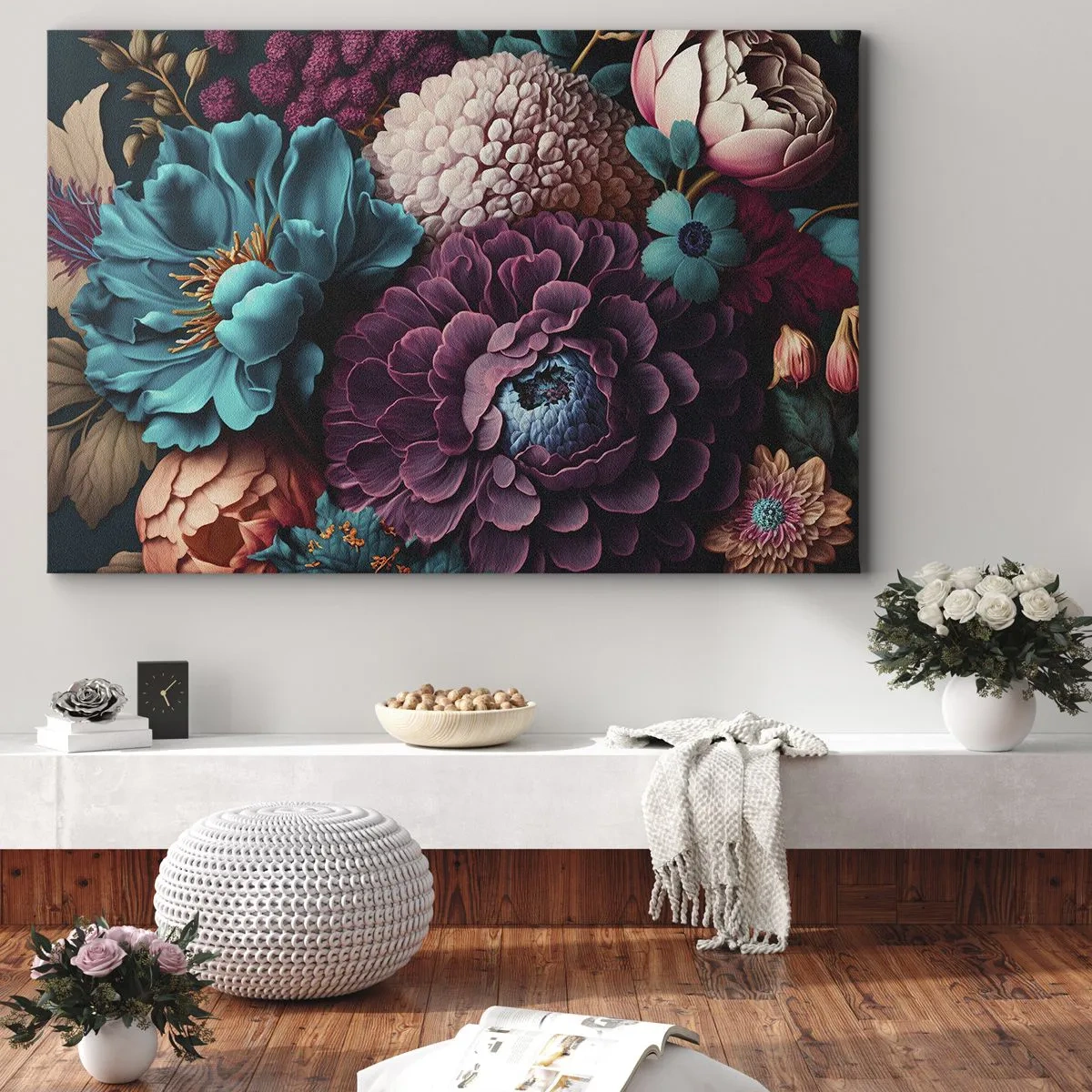 Vászonkép - Egy csokor virág intenzív színekben sötét háttér előtt - 70x50cm - A természet bőségében - Modern fali dekoráció nappalihoz és hálószobához ARTTOR