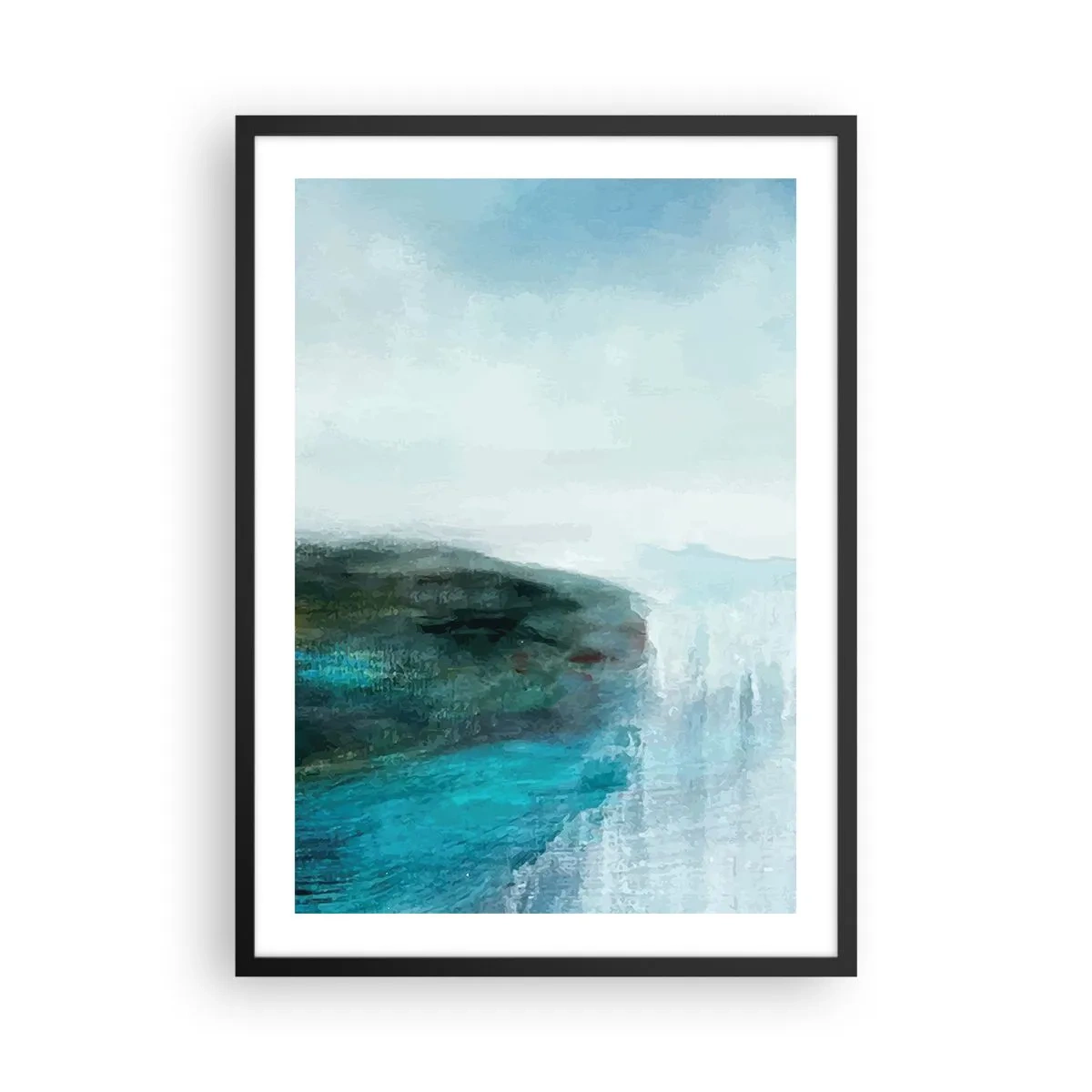Poszter fehér keretben - Festői táj, kék árnyalatú sziklával a víz felett. - 50x70cm - Tengeri absztrakció - Modern fali dekoráció nappalihoz és hálószobához ARTTOR