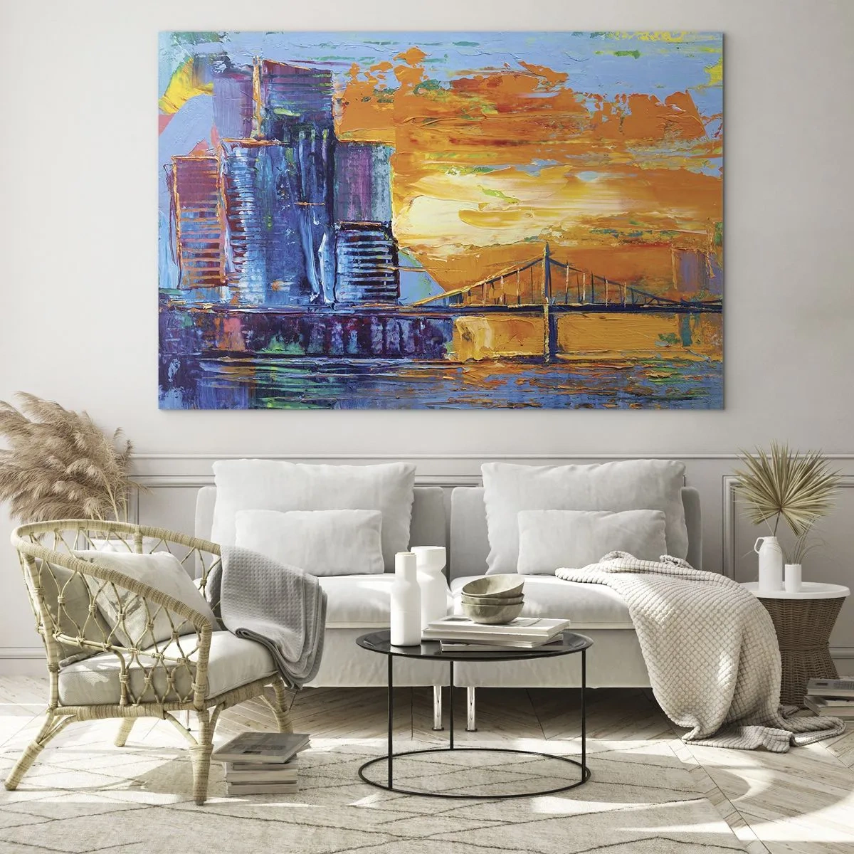 Üveg kép - A színes város és híd a lenyugvó nap fényében - 70x50cm - Kultúra és természet - Modern fali dekoráció nappalihoz és hálószobához ARTTOR