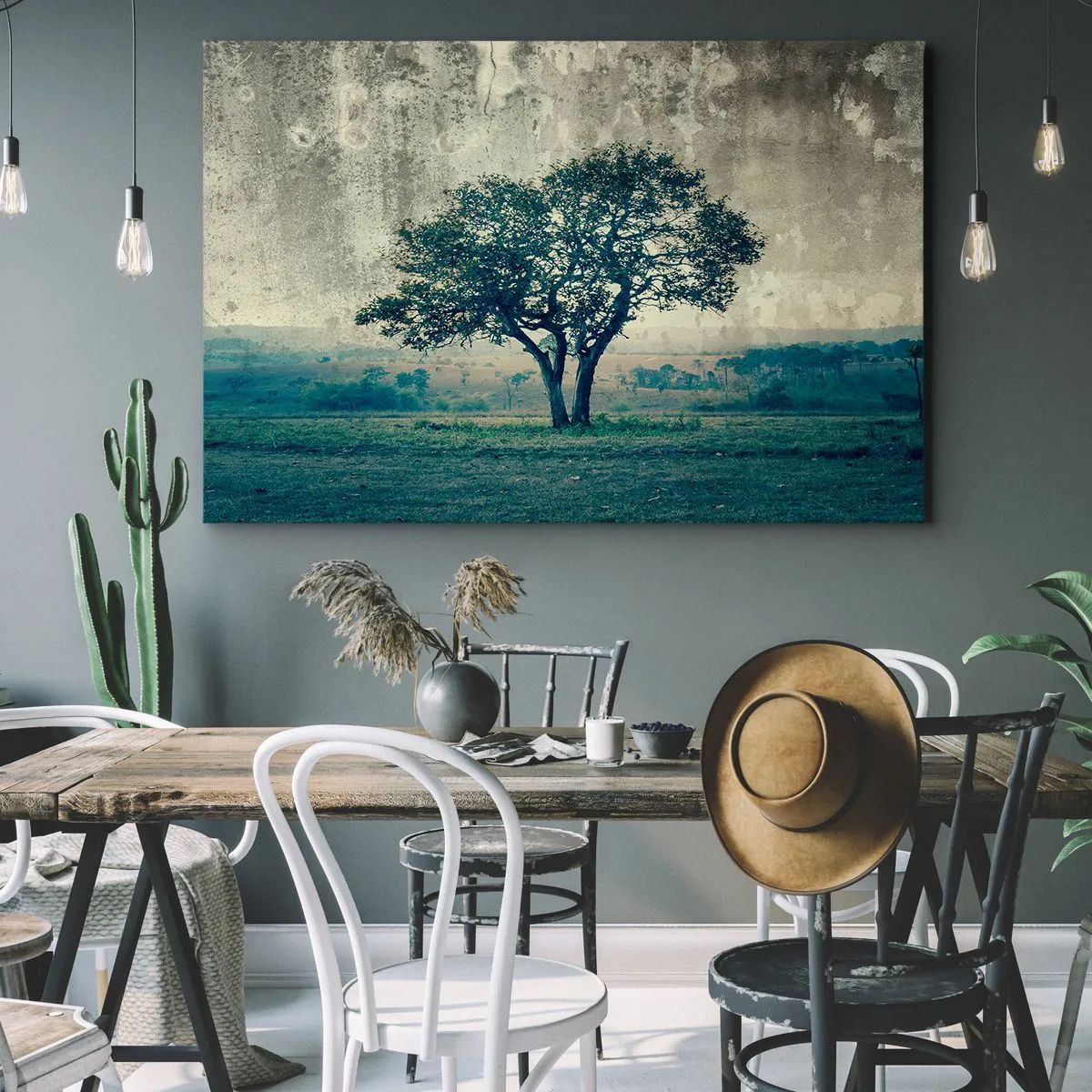 Vászonkép - Egy magányos fa egy ködös táj előtt - 70x50cm - Almafa a kék mezőn? - Modern fali dekoráció nappalihoz és hálószobához ARTTOR