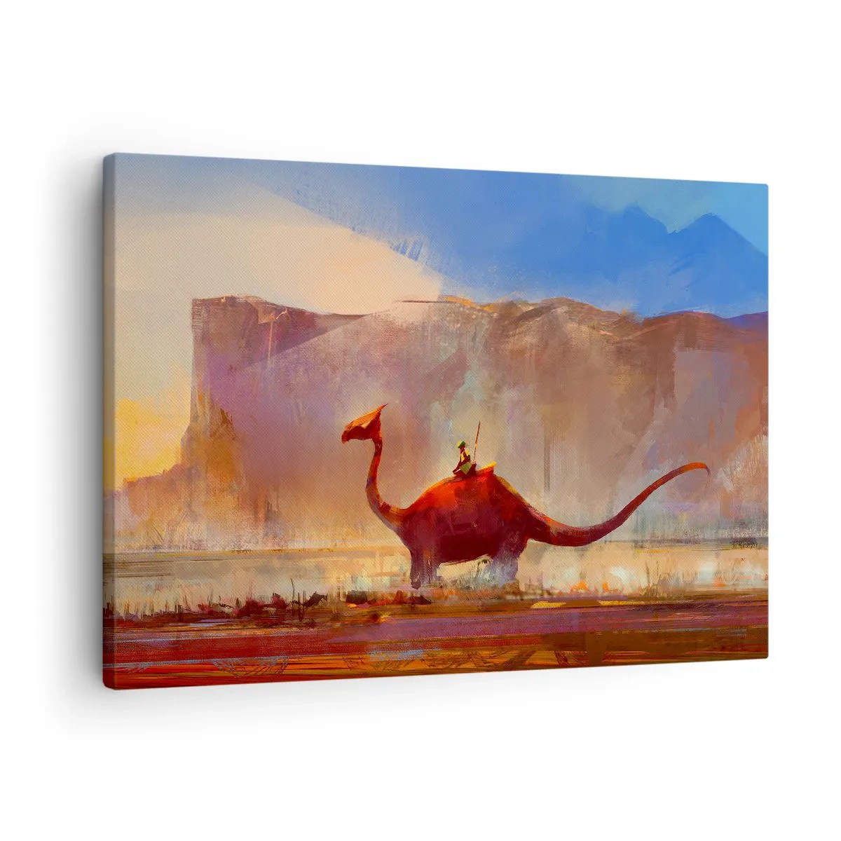 Vászonkép - Egy fantasy jelenet egy őskori lény hátán lovagolóval - 70x50cm - Ha nem haltak volna ki - Modern fali dekoráció nappalihoz és hálószobához ARTTOR