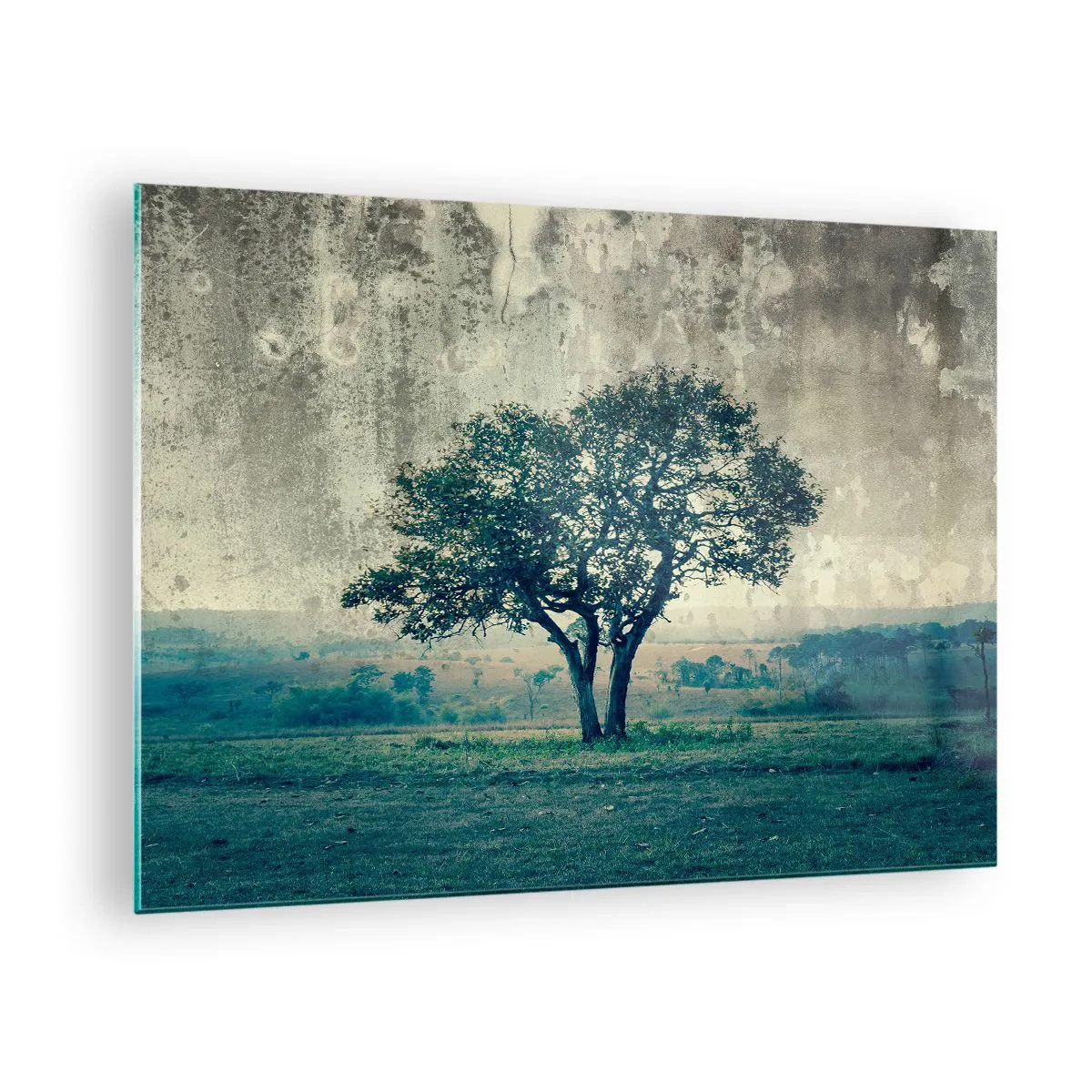 Üveg kép - Egy magányos fa egy vintage tájban - 70x50cm - Almafa a kék mezőn? - Modern fali dekoráció nappalihoz és hálószobához ARTTOR
