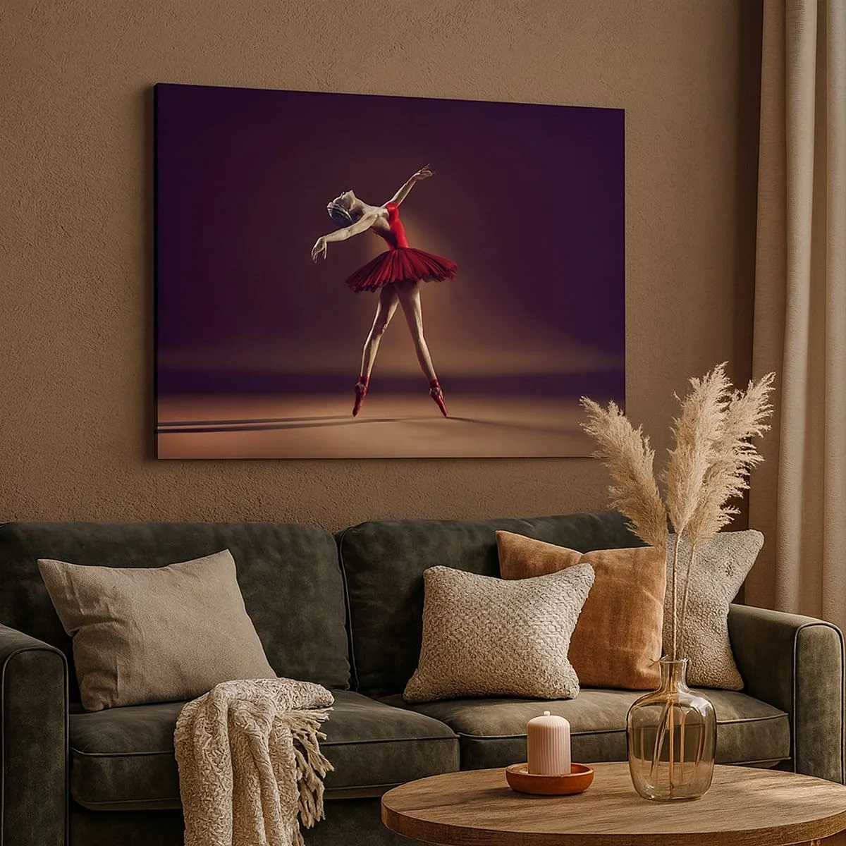 Vászonkép - Egy piros ruhás balett-táncos a színpad hátterében. - 70x50cm - Egy prima balerina - Modern fali dekoráció nappalihoz és hálószobához ARTTOR